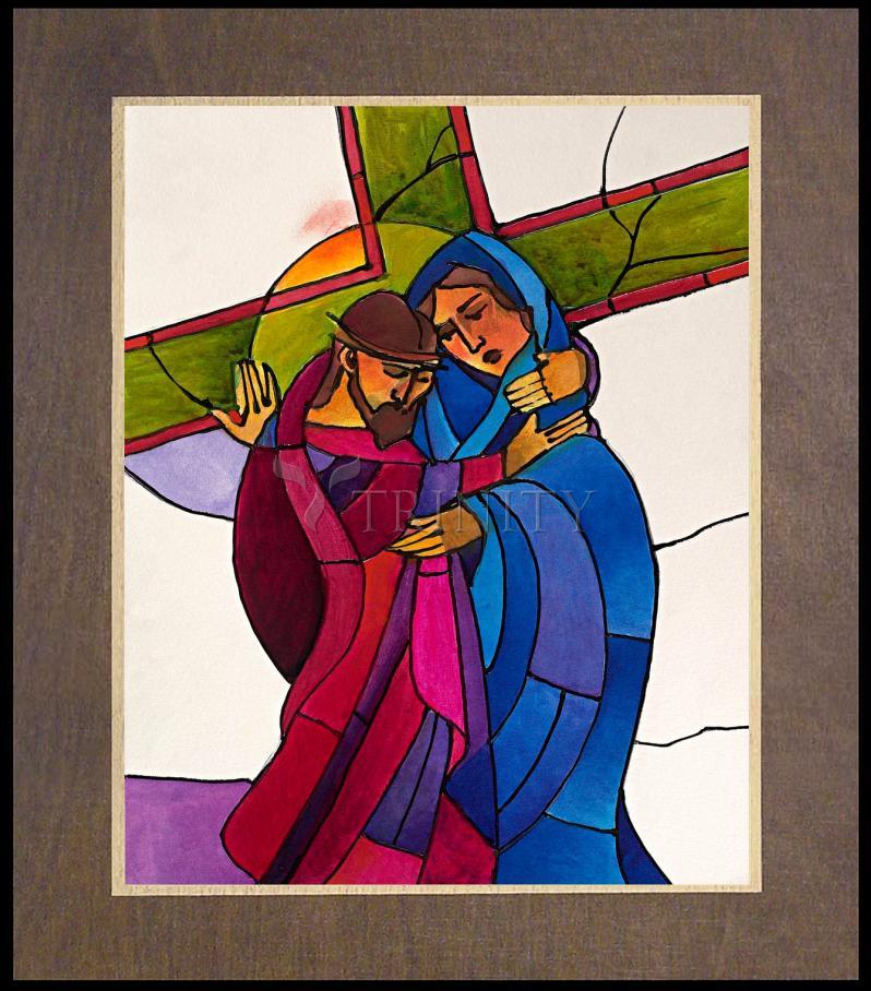 Stations of the Cross - 4 Jesus Meets His Sorrowful Mother - Wood Plaque Premium by Br. Mickey McGrath, OSFS - Trinity Stores