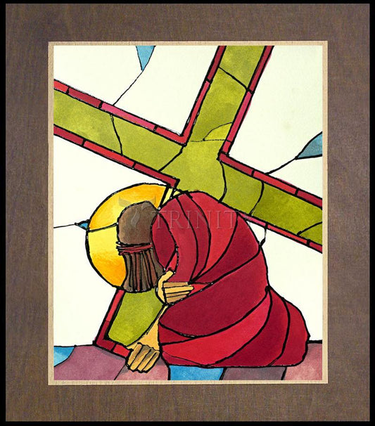 Stations of the Cross - 7 Jesus Falls a Second Time - Wood Plaque Premium by Br. Mickey McGrath, OSFS - Trinity Stores