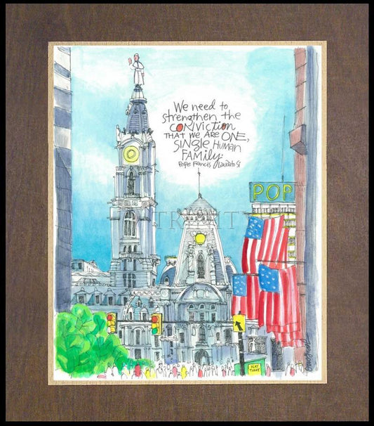 Pope Francis: Philly City Hall - Wood Plaque Premium by Br. Mickey McGrath, OSFS - Trinity Stores