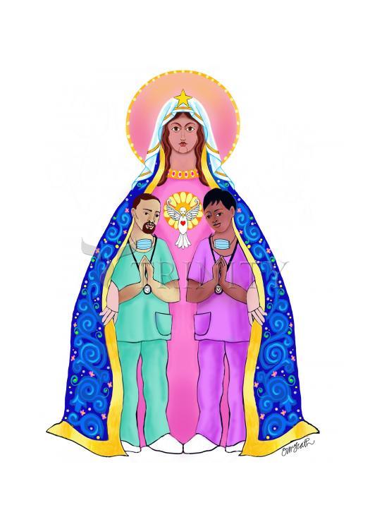 Our Lady of Refuge with Health Care Workers - Holy Card by Br. Mickey McGrath, OSFS - Trinity Stores