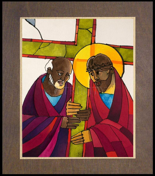 Stations of the Cross - 5 Simon Helps Jesus Carry the Cross - Wood Plaque Premium by Br. Mickey McGrath, OSFS - Trinity Stores