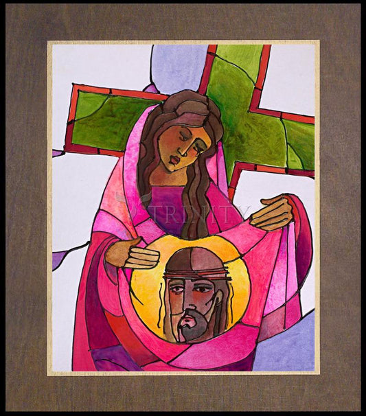 Stations of the Cross - 6 St. Veronica Wipes the Face of Jesus - Wood Plaque Premium by Br. Mickey McGrath, OSFS - Trinity Stores
