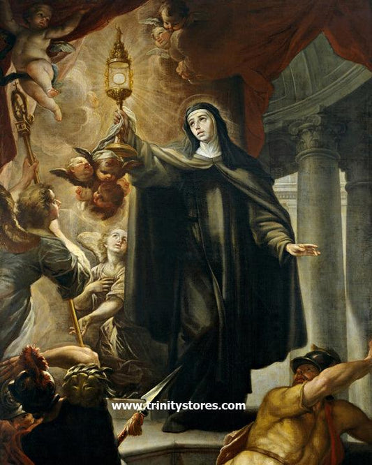 Aug 11 - St. Clare of Assisi Driving Away Infidels with Eucharist by Museum Religious Art Classics. - trinitystores