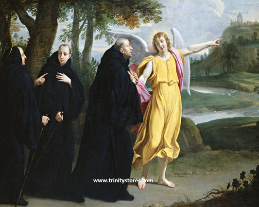 Jul 11 - “St. Benedict of Nursia - Angel Pointing to Monastery of Mont Cassino” by Museum Religious Art Classics.