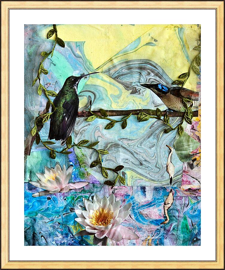 Wall Frame Gold, Matted - Birds Singing Above White Heron by B. Gilroy
