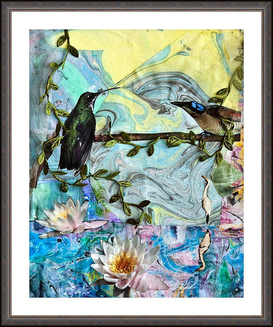 Wall Frame Espresso, Matted - Birds Singing Above White Heron by B. Gilroy