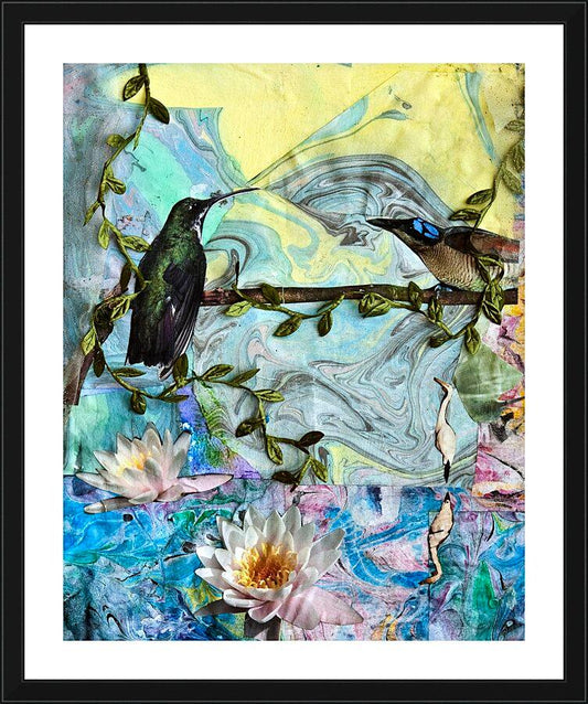 Wall Frame Black, Matted - Birds Singing Above White Heron by B. Gilroy