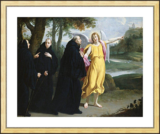 Wall Frame Gold, Matted - St. Benedict of Nursia - Angel Pointing to Monastery of Mont Cassino by Museum Art