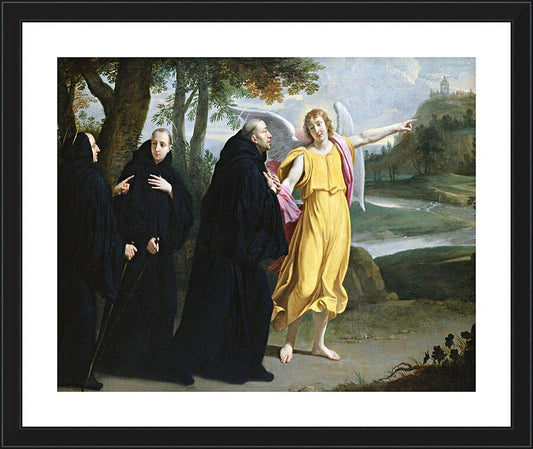 Wall Frame Black, Matted - St. Benedict of Nursia - Angel Pointing to Monastery of Mont Cassino by Museum Art