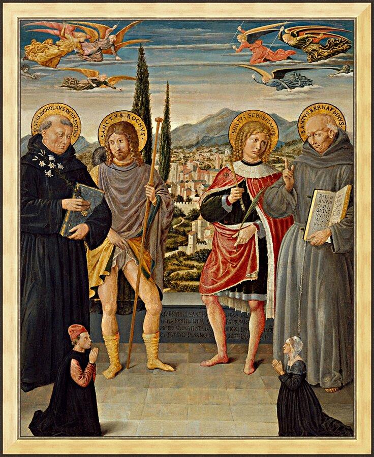 Wall Frame Gold - Sts. Nicholas of Tolentino, Roch, Sebastian, Bernardino of Siena, with Kneeling Donors by Museum Art - Trinity Stores