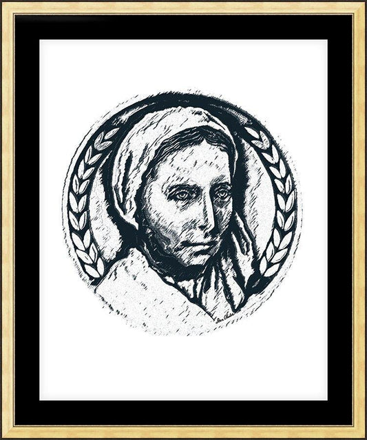 Wall Frame Gold, Matted - St. Bernadette of Lourdes - Pen and Ink by D. Paulos
