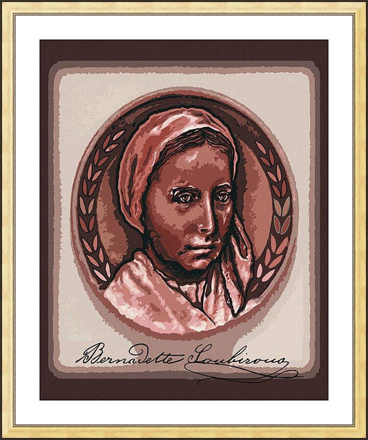 Wall Frame Gold, Matted - St. Bernadette of Lourdes - Portrait with Signature by D. Paulos