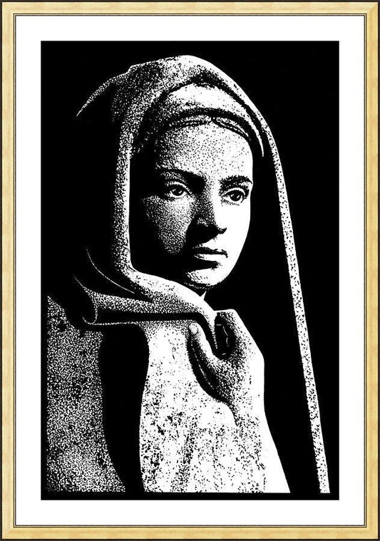 Wall Frame Gold, Matted - St. Bernadette in Lourdes, Drawing of Vilon's statue by D. Paulos