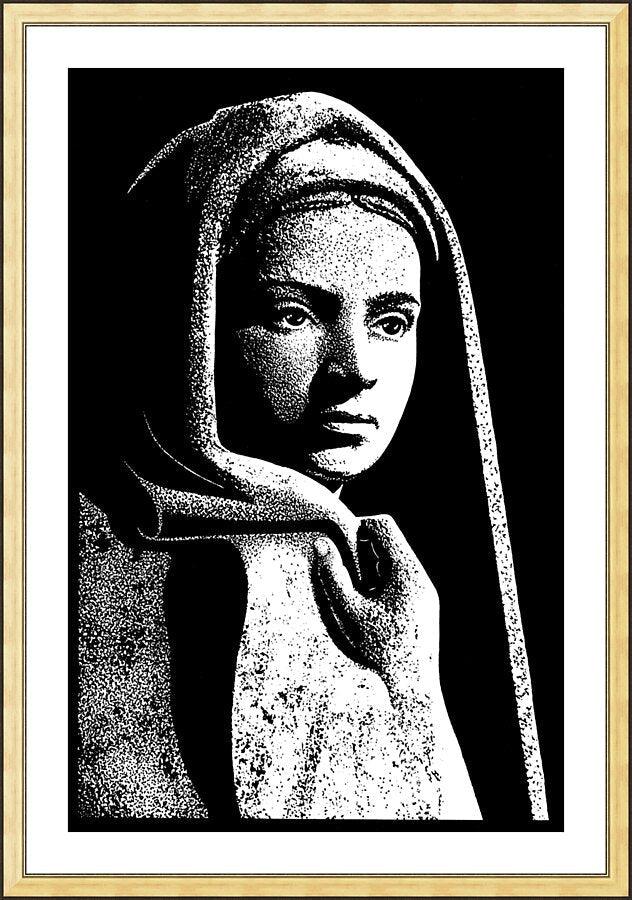 Wall Frame Gold, Matted - St. Bernadette in Lourdes, Drawing of Vilon's statue by Dan Paulos - Trinity Stores