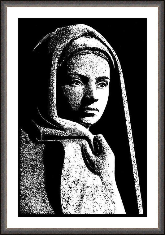 Wall Frame Espresso, Matted - St. Bernadette in Lourdes, Drawing of Vilon's statue by D. Paulos