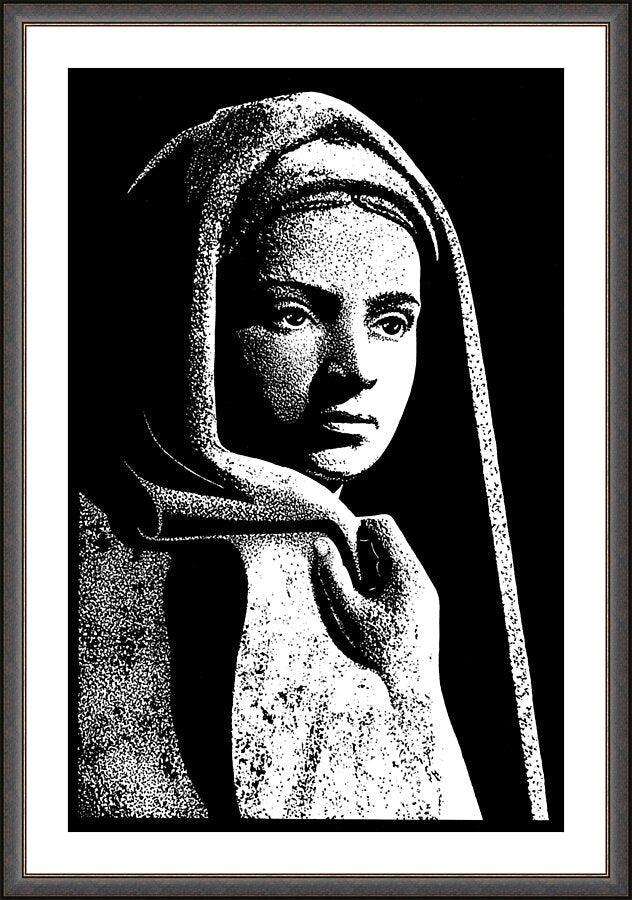 Wall Frame Espresso, Matted - St. Bernadette in Lourdes, Drawing of Vilon's statue by Dan Paulos - Trinity Stores