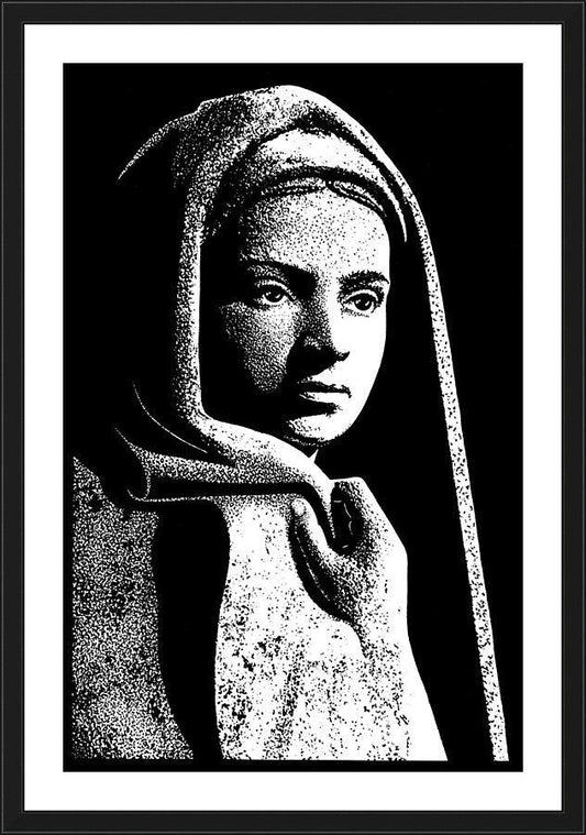 Wall Frame Black, Matted - St. Bernadette in Lourdes, Drawing of Vilon's statue by D. Paulos