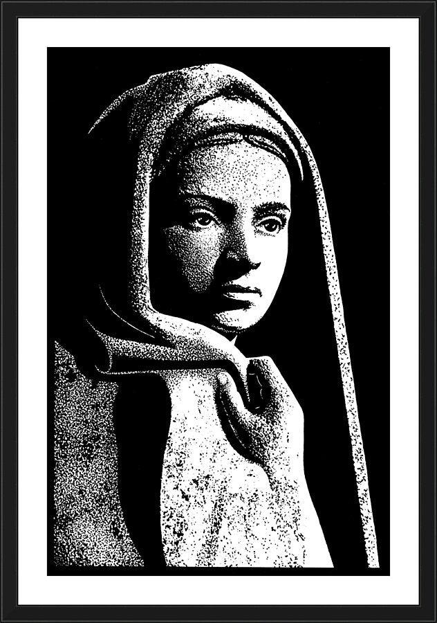 Wall Frame Black, Matted - St. Bernadette in Lourdes, Drawing of Vilon's statue by Dan Paulos - Trinity Stores