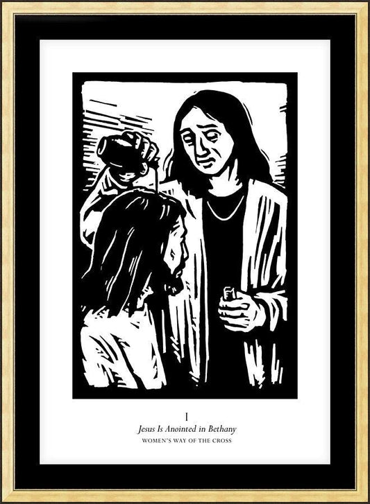 Wall Frame Gold, Matted - Women's Stations of the Cross 01 - Jesus is Anointed in Bethany by J. Lonneman