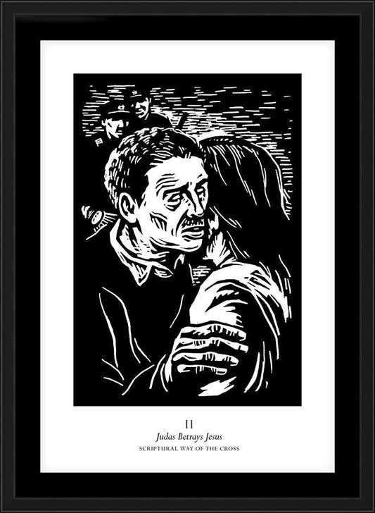 Wall Frame Black, Matted - Scriptural Stations of the Cross 02 - Judas Betrays Jesus by J. Lonneman