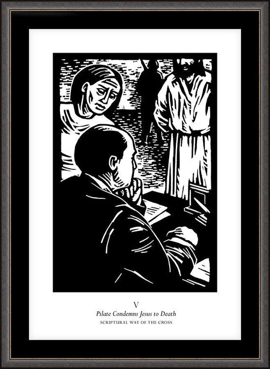 Wall Frame Espresso, Matted - Scriptural Stations of the Cross 05 - Pilot Condemns Jesus to Death by J. Lonneman