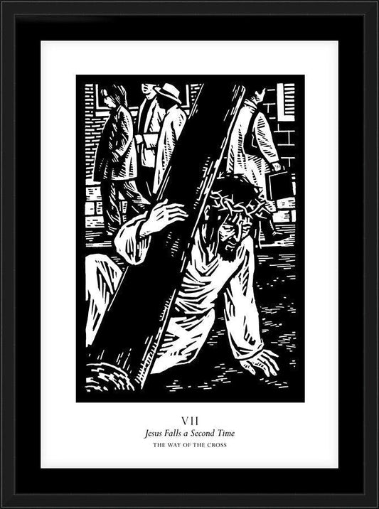 Wall Frame Black, Matted - Traditional Stations of the Cross 07 - Jesus Falls a Second Time by J. Lonneman