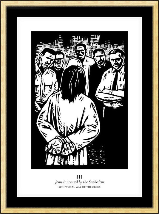 Wall Frame Gold, Matted - Scriptural Stations of the Cross 03 - Jesus is Accused by the Sanhedrin by J. Lonneman