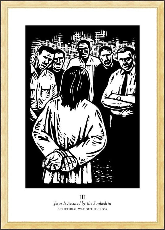 Wall Frame Gold - Scriptural Stations of the Cross 03 - Jesus is Accused by the Sanhedrin by J. Lonneman