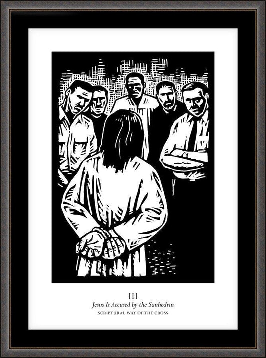 Wall Frame Espresso, Matted - Scriptural Stations of the Cross 03 - Jesus is Accused by the Sanhedrin by J. Lonneman