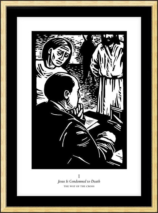 Wall Frame Gold, Matted - Traditional Stations of the Cross 01 - Jesus is Condemned to Death by J. Lonneman