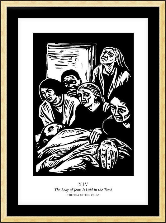 Wall Frame Gold, Matted - Traditional Stations of the Cross 14 - The Body of Jesus is Laid in the Tomb by J. Lonneman