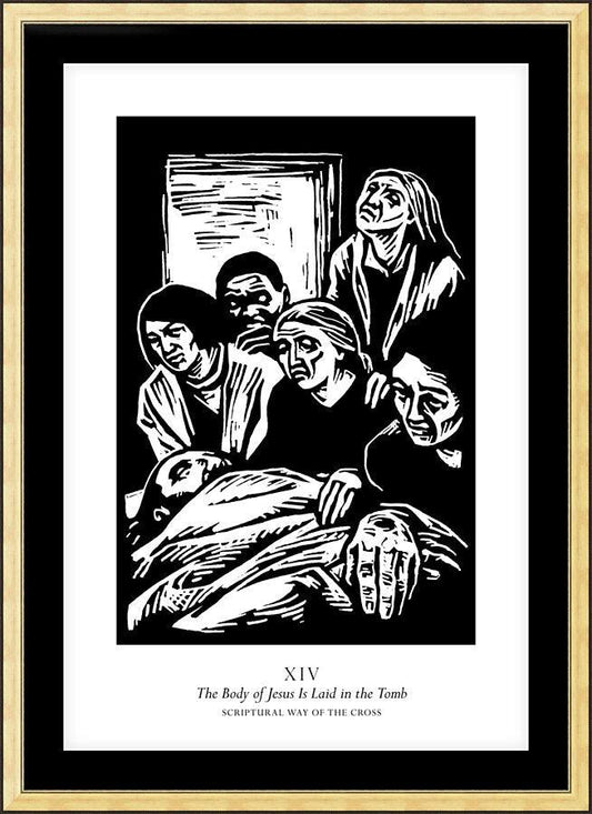 Wall Frame Gold, Matted - Scriptural Stations of the Cross 14 - The Body of Jesus is Laid in the Tomb by J. Lonneman