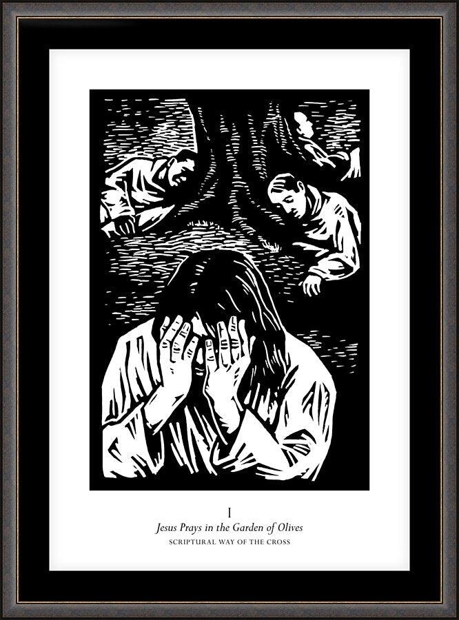 Wall Frame Espresso, Matted - Scriptural Stations of the Cross 01 - Jesus Prays in the Garden of Olives by J. Lonneman