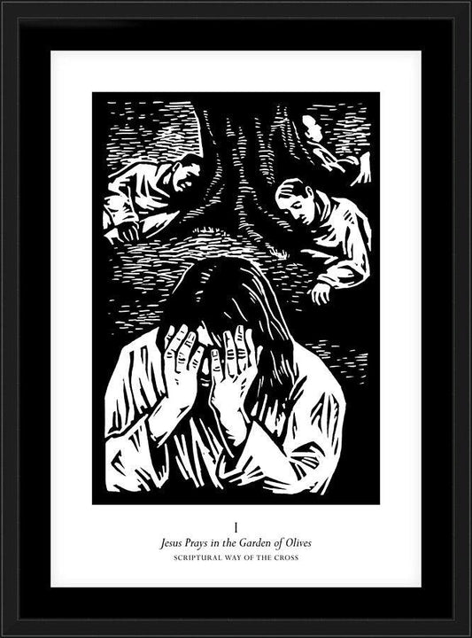Wall Frame Black, Matted - Scriptural Stations of the Cross 01 - Jesus Prays in the Garden of Olives by J. Lonneman