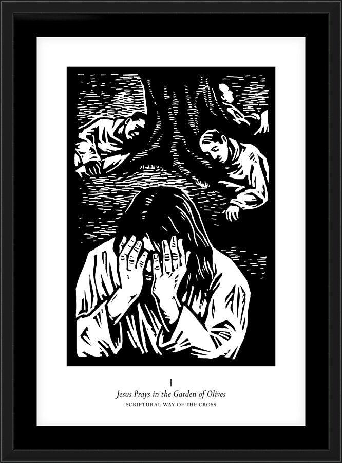 Wall Frame Black, Matted - Scriptural Stations of the Cross 01 - Jesus Prays in the Garden of Olives by J. Lonneman