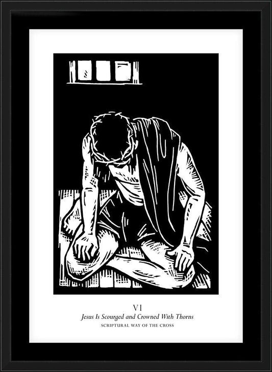Wall Frame Black, Matted - Scriptural Stations of the Cross 06 - Jesus is Scourged and Crowned With Thorns by J. Lonneman