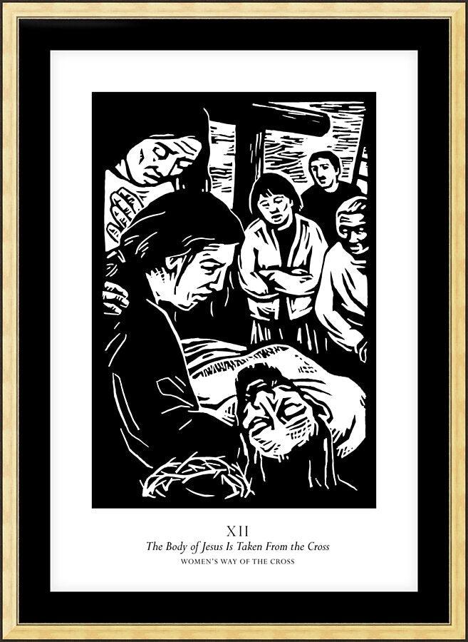Wall Frame Gold, Matted - Women's Stations of the Cross 12 - The Body of Jesus is Taken From the Cross by J. Lonneman