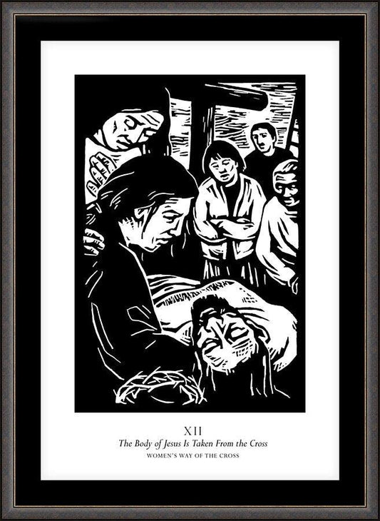 Wall Frame Espresso, Matted - Women's Stations of the Cross 12 - The Body of Jesus is Taken From the Cross by J. Lonneman
