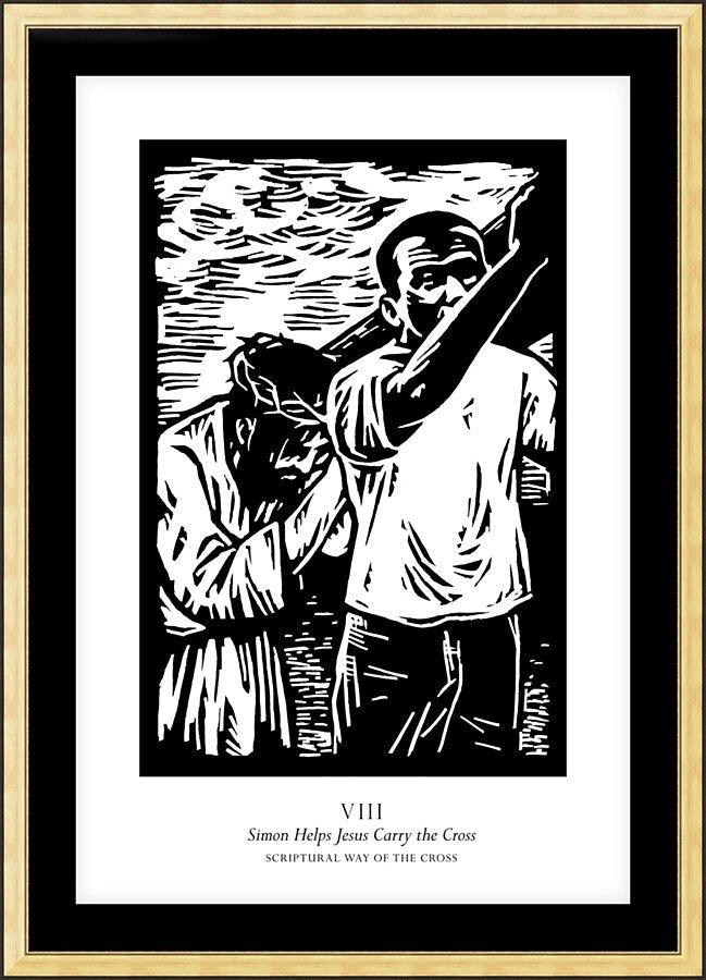 Wall Frame Gold, Matted - Scriptural Stations of the Cross 08 - Simon Helps Jesus Carry the Cross by J. Lonneman