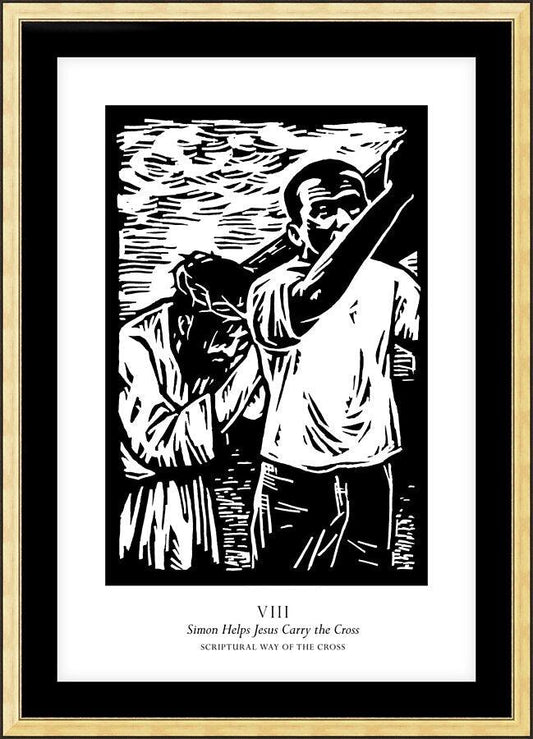 Wall Frame Gold, Matted - Scriptural Stations of the Cross 08 - Simon Helps Jesus Carry the Cross by J. Lonneman