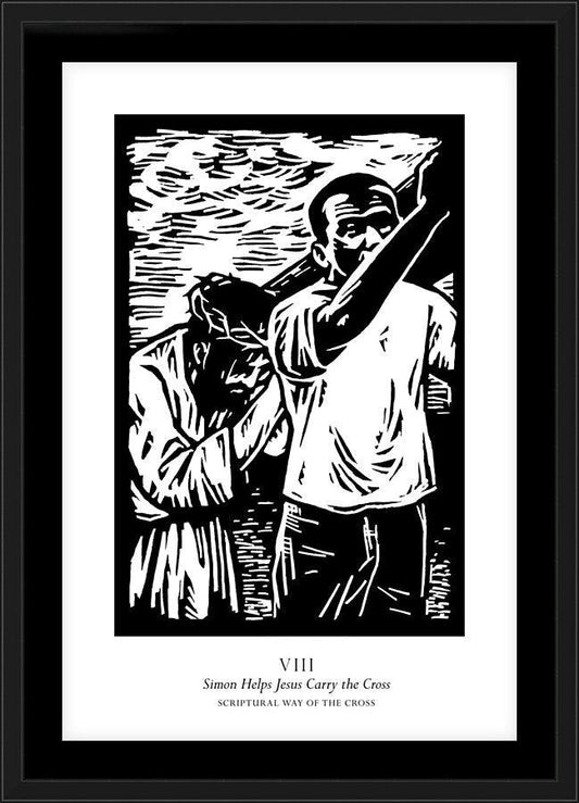 Wall Frame Black, Matted - Scriptural Stations of the Cross 08 - Simon Helps Jesus Carry the Cross by J. Lonneman