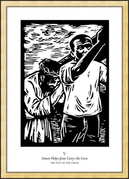 Wall Frame Gold - Traditional Stations of the Cross 05 - Simon Helps Carry the Cross by J. Lonneman