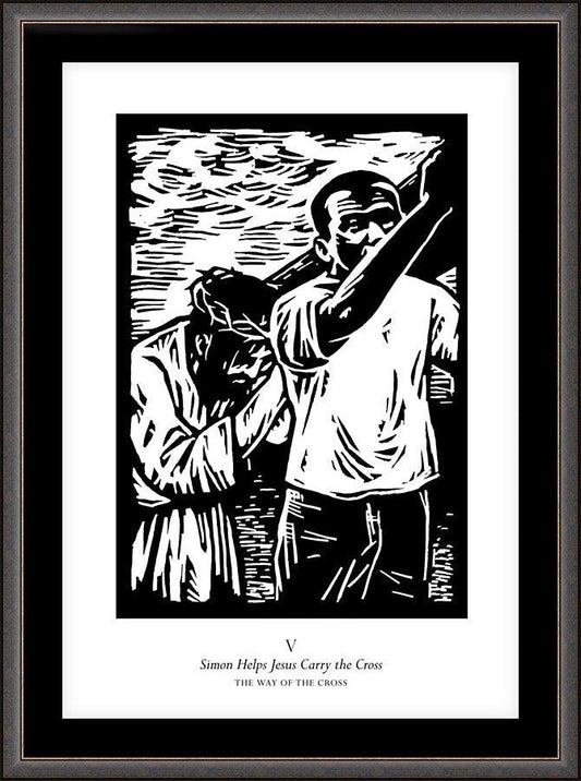 Wall Frame Espresso, Matted - Traditional Stations of the Cross 05 - Simon Helps Carry the Cross by J. Lonneman
