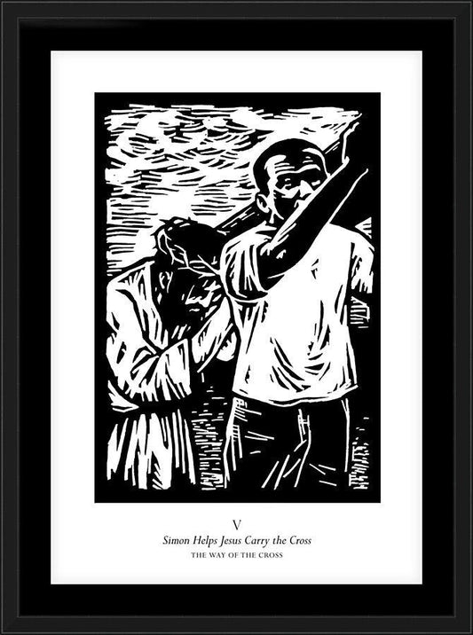 Wall Frame Black, Matted - Traditional Stations of the Cross 05 - Simon Helps Carry the Cross by J. Lonneman