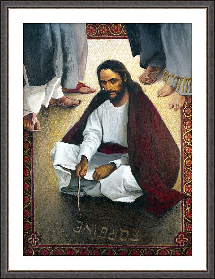 Wall Frame Espresso, Matted - Jesus Writing In The Sand by L. Glanzman
