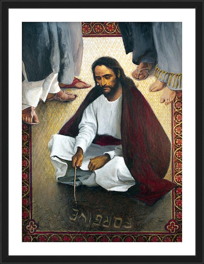 Wall Frame Black, Matted - Jesus Writing In The Sand by L. Glanzman
