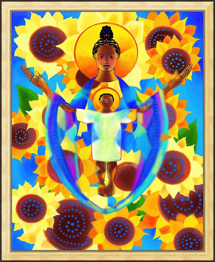 Wall Frame Gold - Madonna and Child of Good Health with Sunflowers by M. McGrath