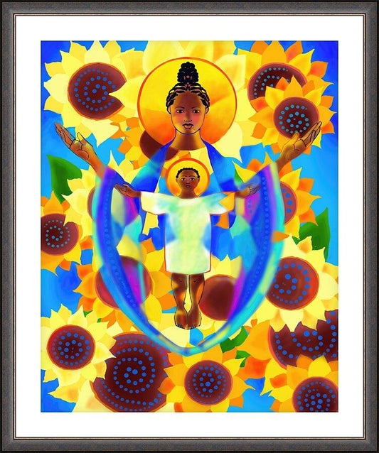 Wall Frame Espresso, Matted - Madonna and Child of Good Health with Sunflowers by M. McGrath