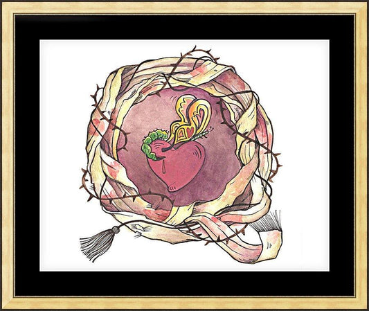 Wall Frame Gold, Matted - Sacred Heart and Crown of Thorns by M. McGrath