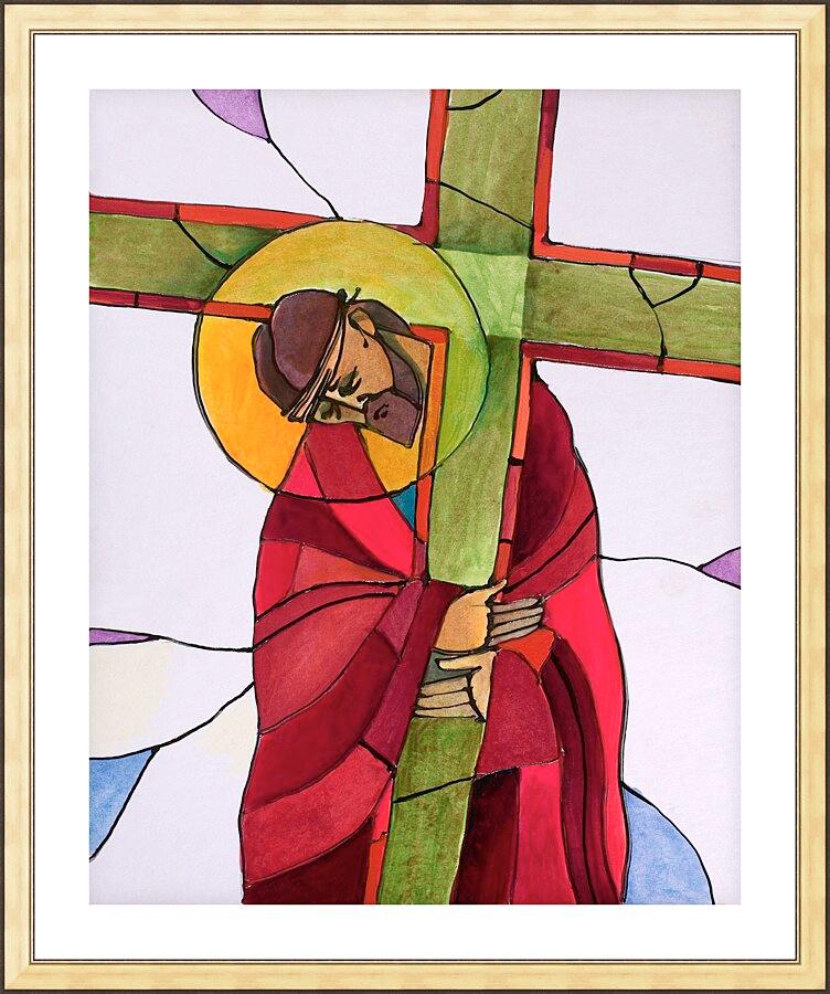 Wall Frame Gold, Matted - Stations of the Cross - 2 Jesus Accepts the Cross by Br. Mickey McGrath, OSFS - Trinity Stores